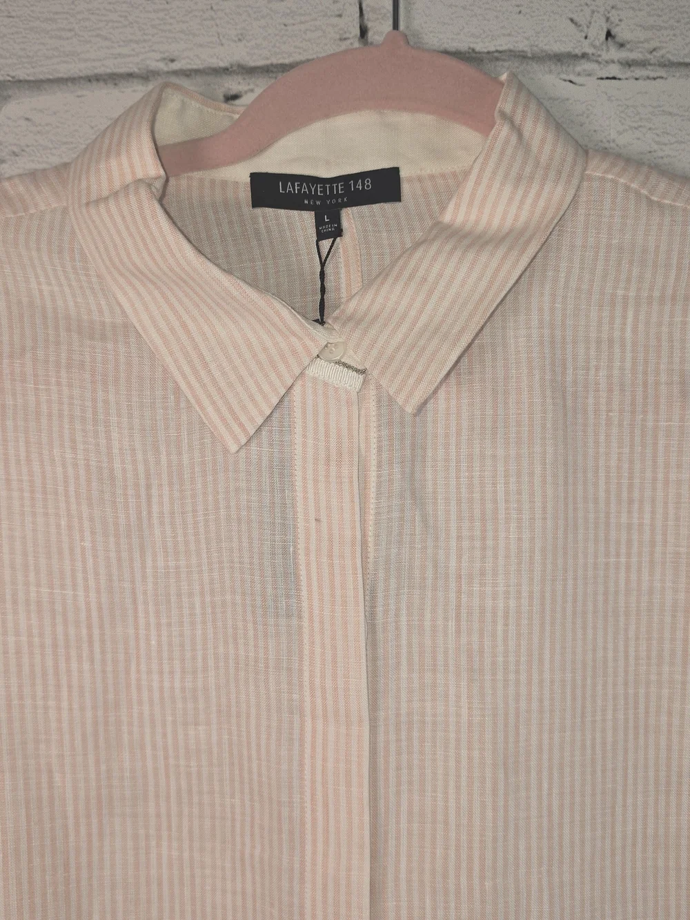 LAFAYETTE 148 NEW YORK ROSE QUARTZ STRIPED 100% LINEN BUTTON DOWN BLOUSE NWT LG - Picture 4 of 10